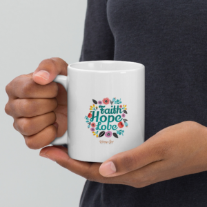 white glossy mug faith hope love